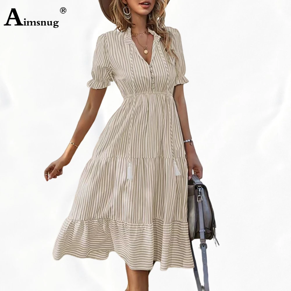 Women Elegant Mid-Calf Dress Womens Short Sleeve Casual Retro Striped Party Dresses Female Bandage A-line Dress Clothing 2023