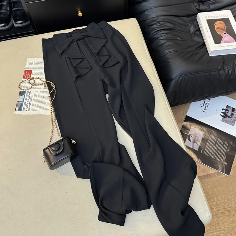 Pantaloni a gamba larga neri streetwear Pantaloni da abito larghi con fiocco alla moda da donna Pantaloni dritti casual coreani a vita alta da donna estivi Novità