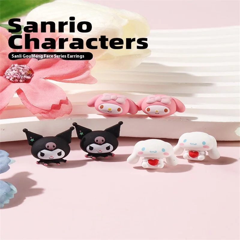 Sanrio Cute Face Series Ear Stud Cartoon Kuromi Melody Cinnamoroll Earrings Silver Needle Anti-Allergy Girl Heart Accessory Gift