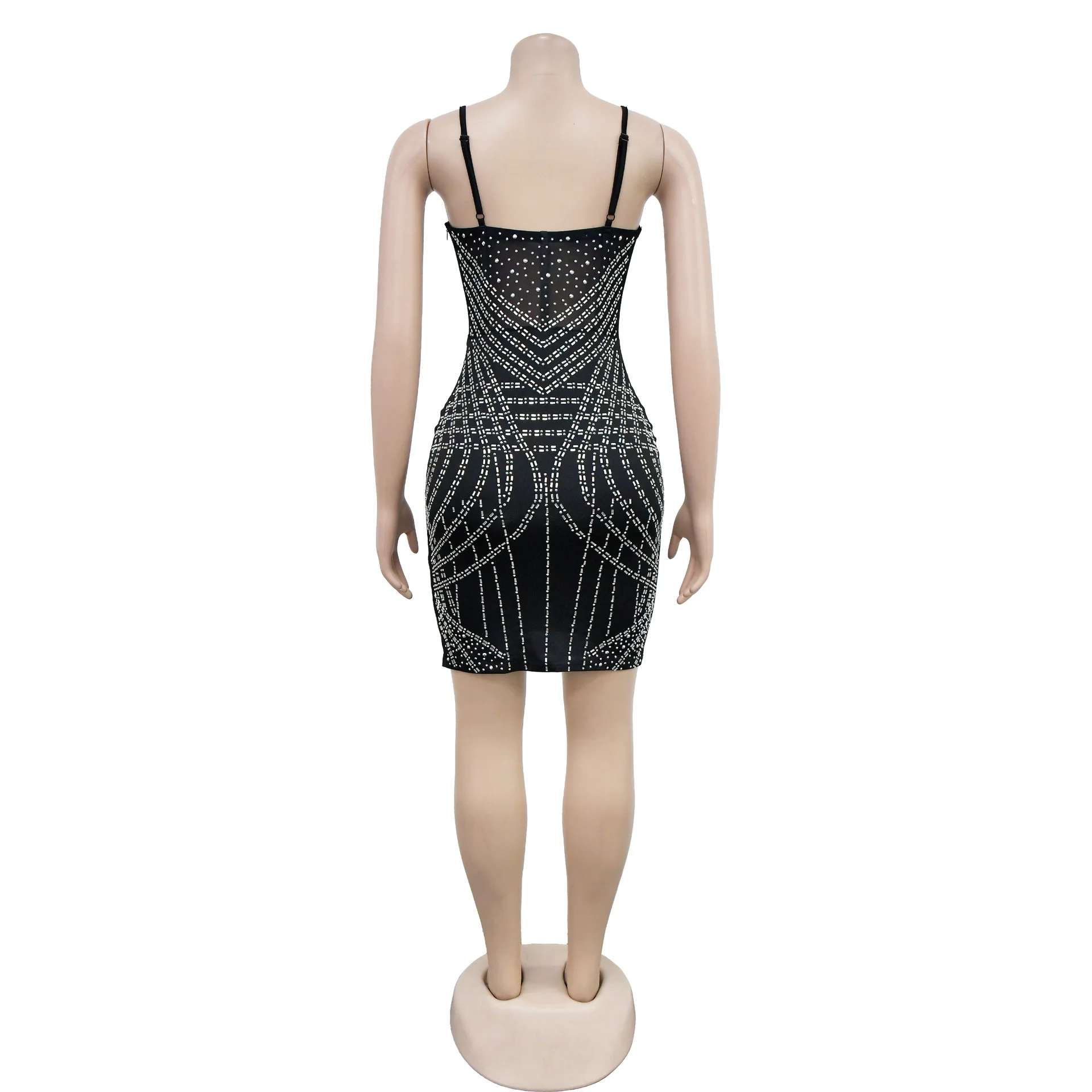 Clothing 2023 Mesh See Though Diamonds Spider Pattern Strap Sleeveless Bodycon Midi Dress for Women Birthday Sexy Club Party