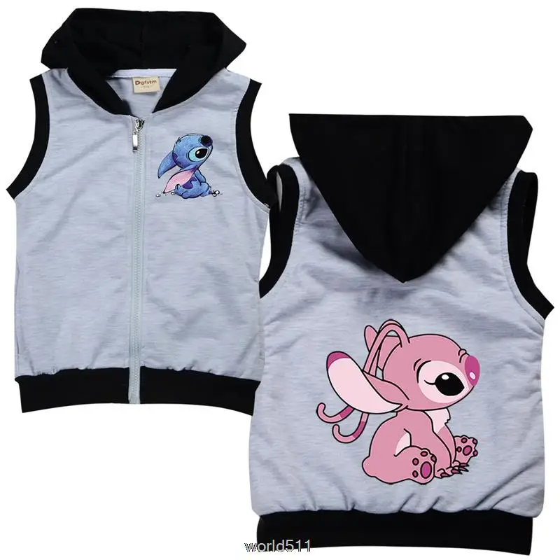 Disney Stitch Spring Autumn Vest Hoodies Cartoon Boys Girls Sweatshirts Children Casual Vest Hood Tops 100cm-170cm Height