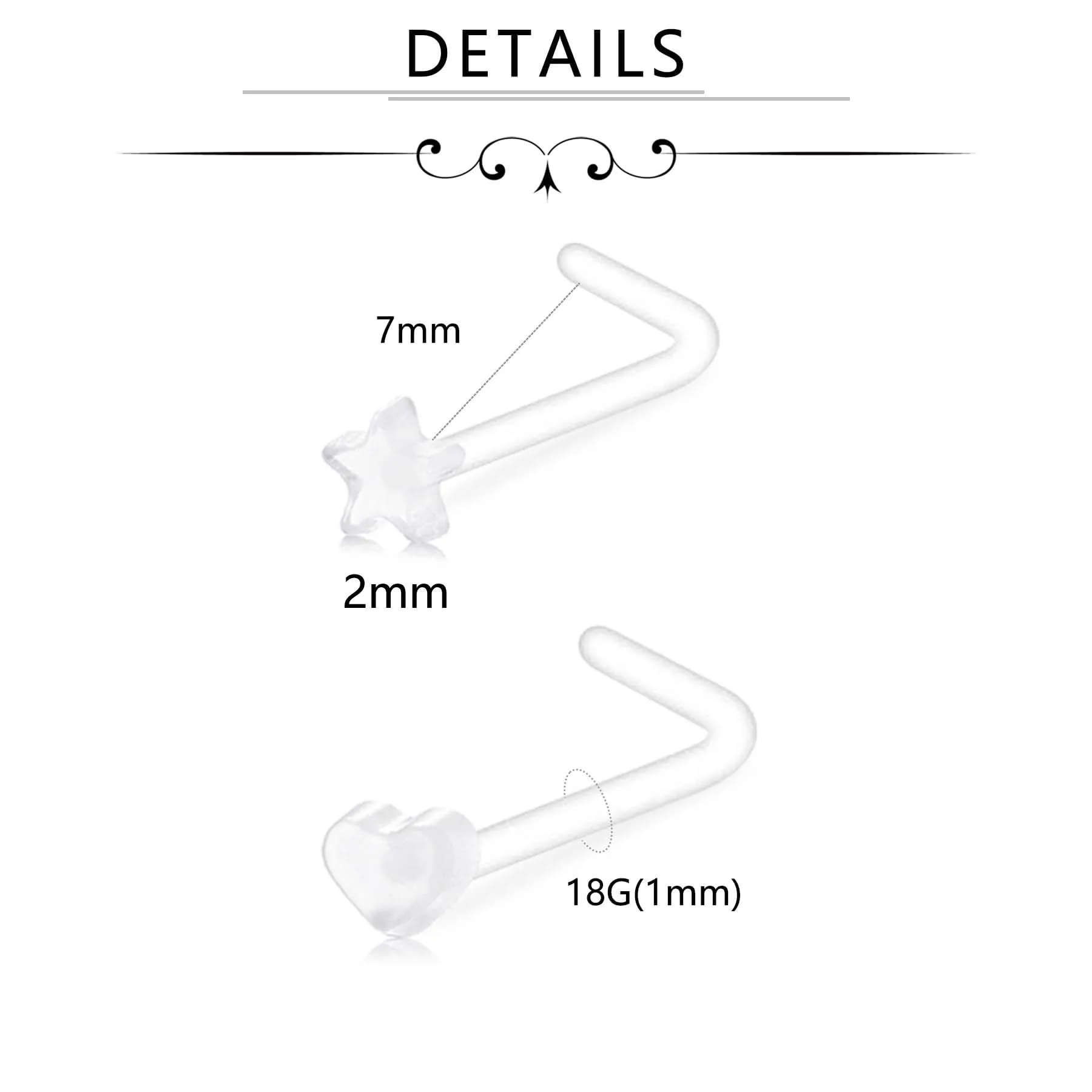 18G 20G Clear Nose Studs for Work Bioflex Plastic Nose Rings for Surgery Nostril Piercing Retainers Star Heart Flat Top 18Pcs