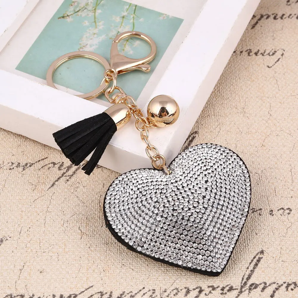 Design Heart Keychain Leather Tassel Gold Key Holder Metal Crystal Key Chain Keyring Charm Bag Auto Pendants