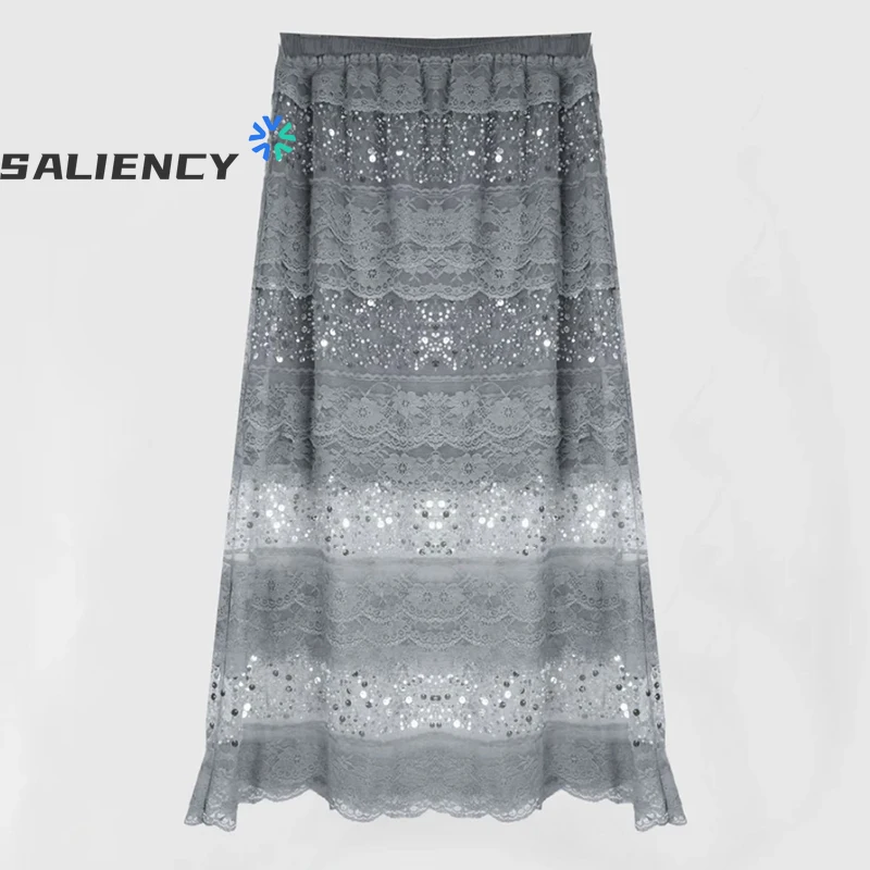 SALIENCY Spring Summer sequins mesh skirt women lace elastic waist Mid-length Skirts