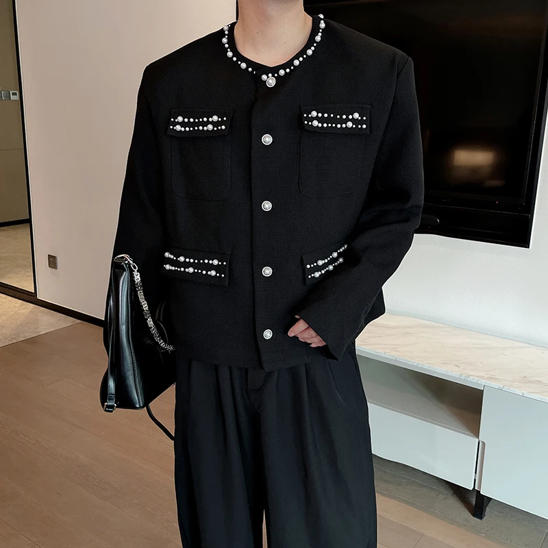 High Quality Autumn Winter Jacket Men's Embroidered Pearl Collarless Jacket Casual Social Streetwear Party Nightclub Short Coat - Image 4