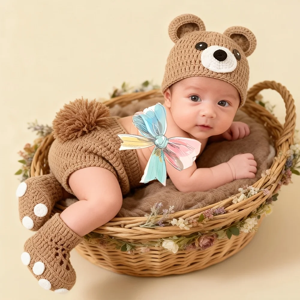 Bear Outfit, Newborn Photography Posing Props Set, Pure Hand-Knitted Bear Hat, with Pom-Pom Diaper Shorts And Shoes