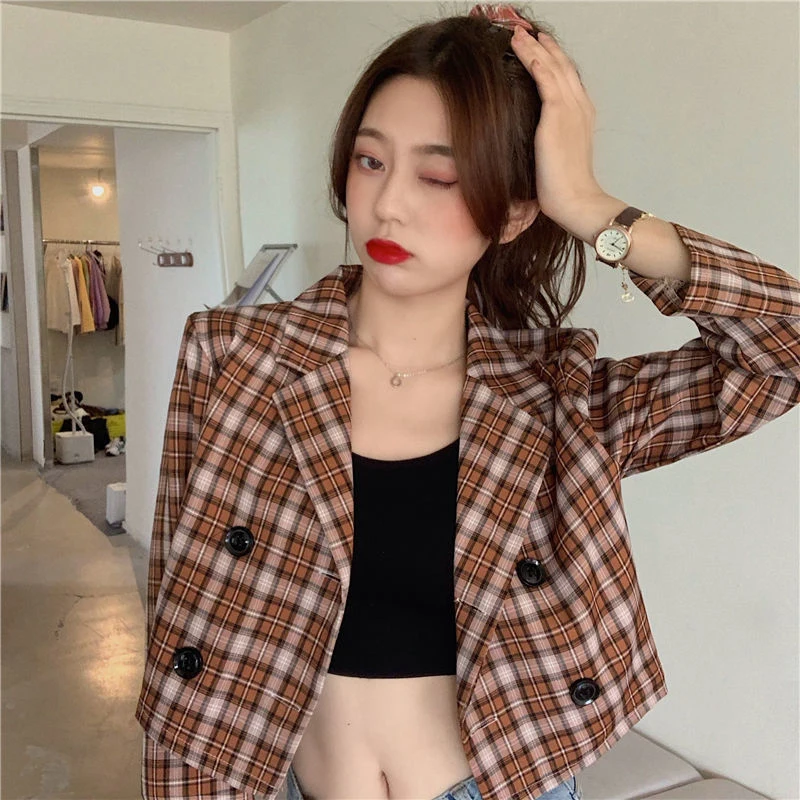 Gidyq Women Plaid Suit Coat Korean Casual Female Cropped Tops Y2K Fashion Designed Button Loose Long Sleeve Coats Autumn New