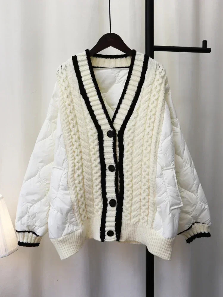 2024 Autumn Winter New Korean Loose Stitching Cotton-Padded Sweater Jacket Women's Fashion Thickened Contrast Knitted Cardigan