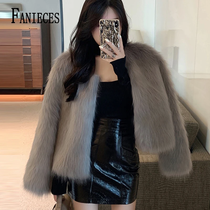 

FANIECES Luxury Faux Fox Fur Coats Women Winter Warm Cardigan Overwear Black Collarless Fluffy Artificial Fur Jacket Outerwear