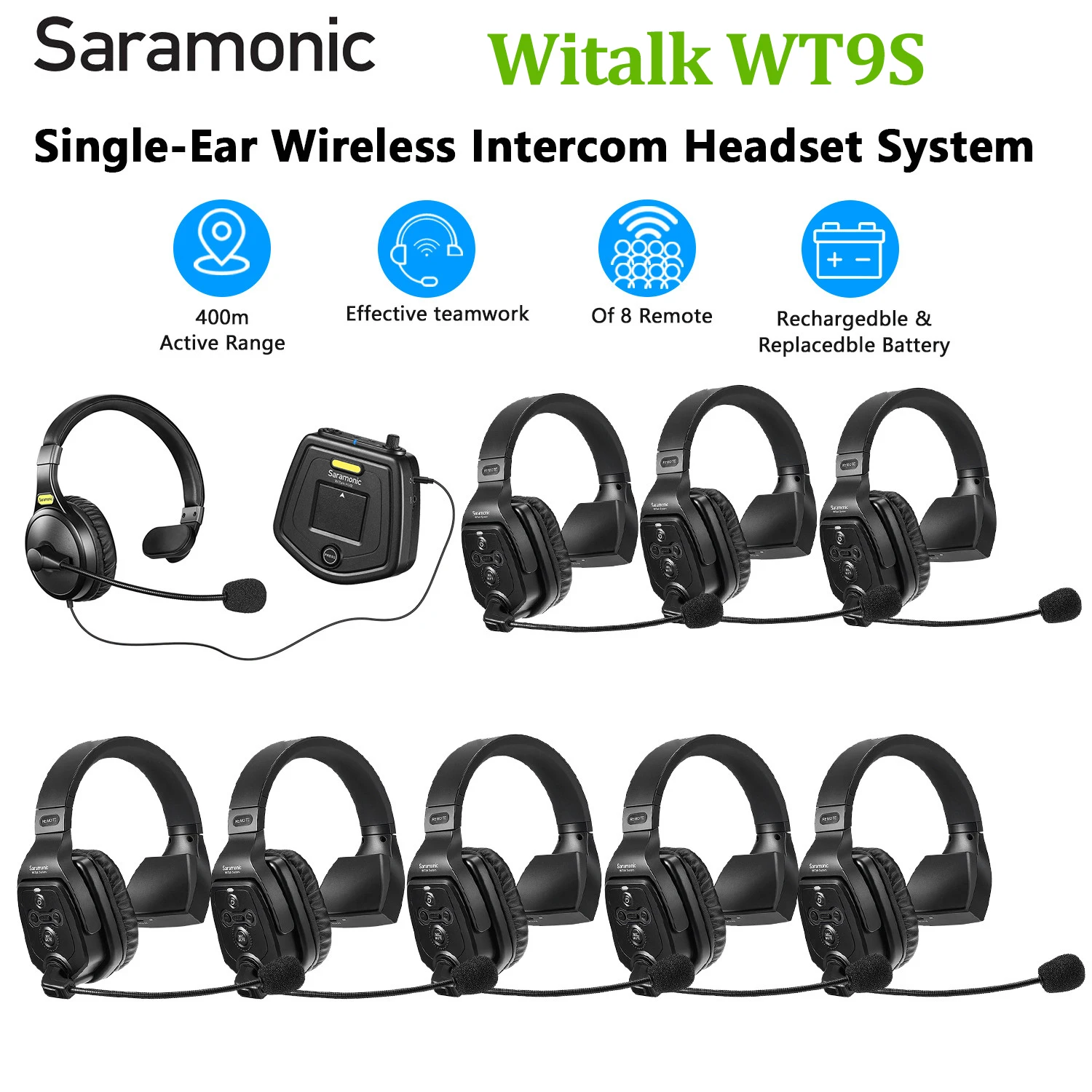 

Saramonic Witalk WT9S Full Duplex Wireless Intercom Headset Microphone System Marine Boat Coaches Teamwork Communication Headset