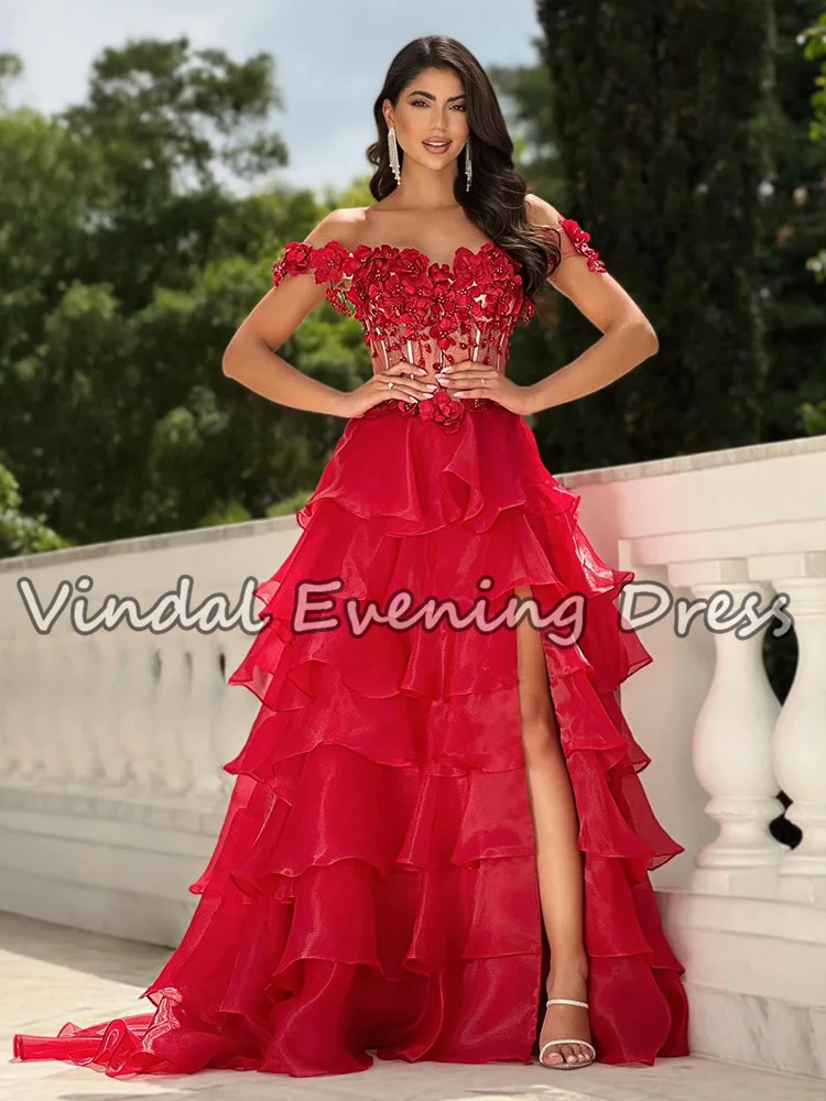 Vindal Stunning Red 3D Flower A-Line Prom Dress Off-Shouder Split Tiered Ruffle Elegant Evening Party Dress for Women Customized