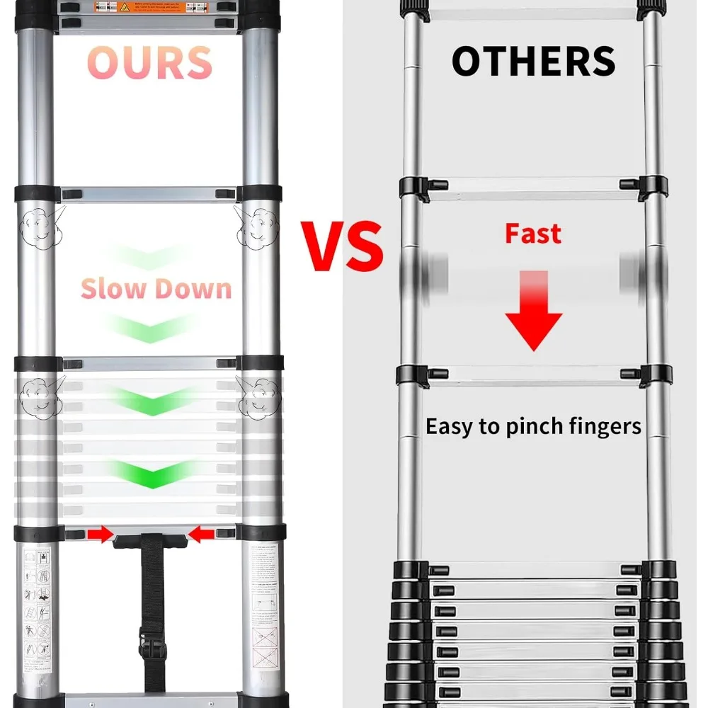 سلم تمديد تلسكوبي من الألومنيوم بطول 12.5 قدم - تصميم إغلاق ناعم للاستخدام المنزلي والمتعدد الأغراض