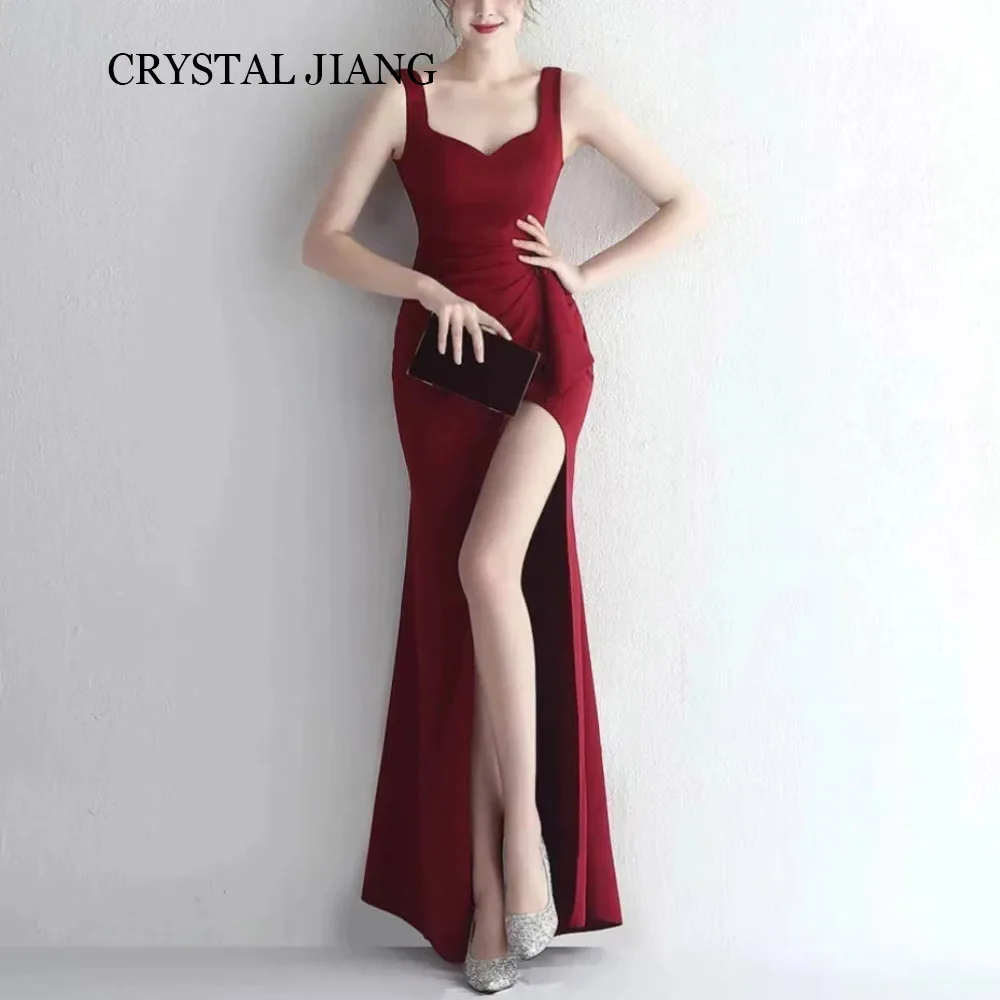 

Sexy Long Burgundy Square Collar Satin Sleeveless with Slit Mermaid Floor Length Vestidos Para Eventos Especiales