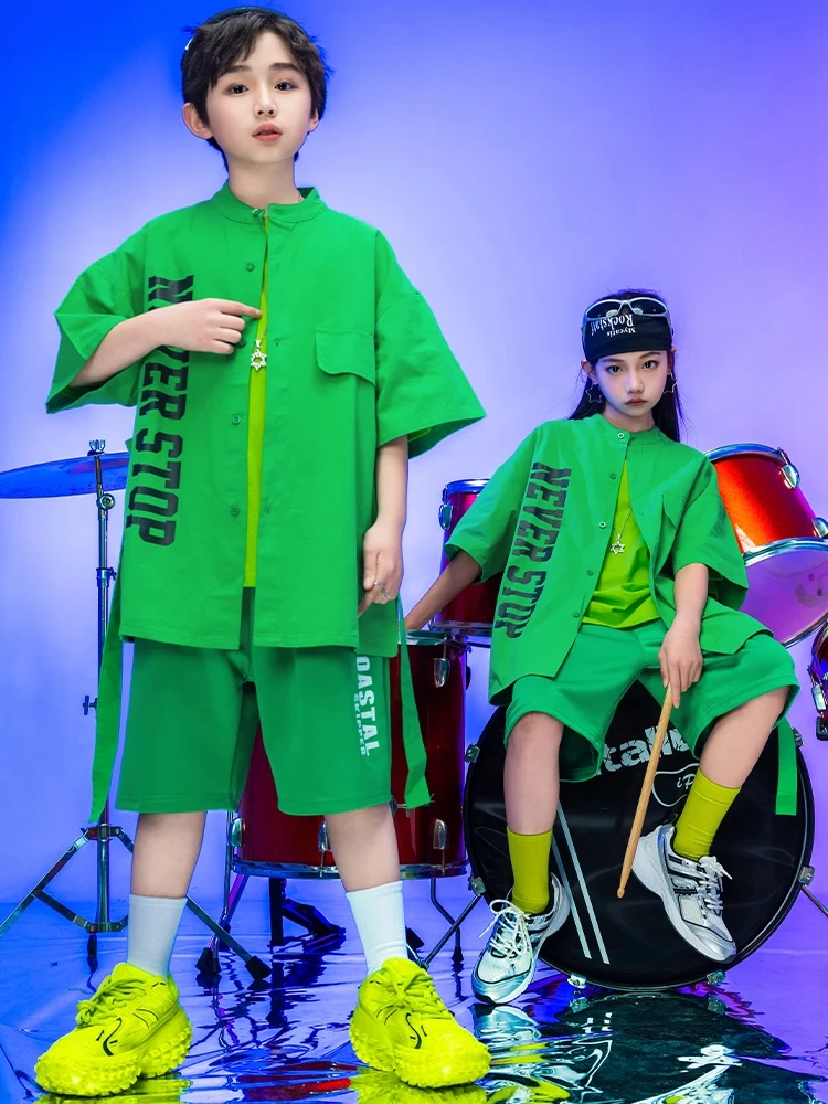 Traje de Hip Hop verde suelto para niños, ropa de baile callejero, camisa de manga corta, ropa de compresión de Jazz, BL12611, Verano