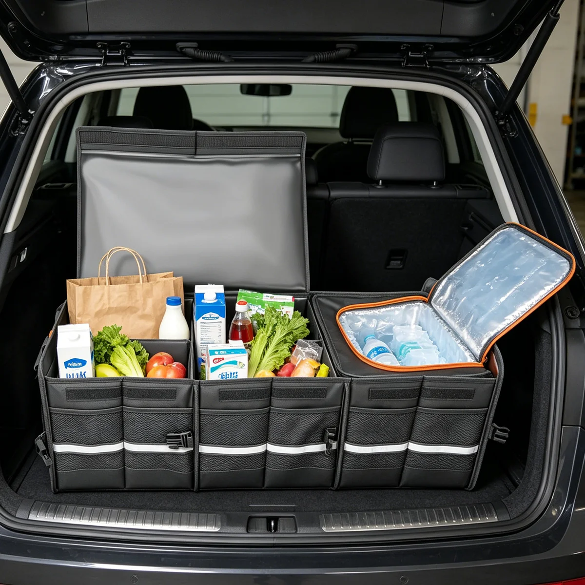 Organizzatore per bagagliaio auto con scomparto termico isolato, scatola portaoggetti pieghevole con diversi scomparti e striscia riflettente, robusto contenitore impermeabile per bagagliaio, ideale