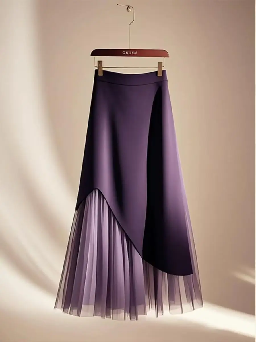 Spring French Elegance High-End Purple Patchwork Mesh A-Line Skirt