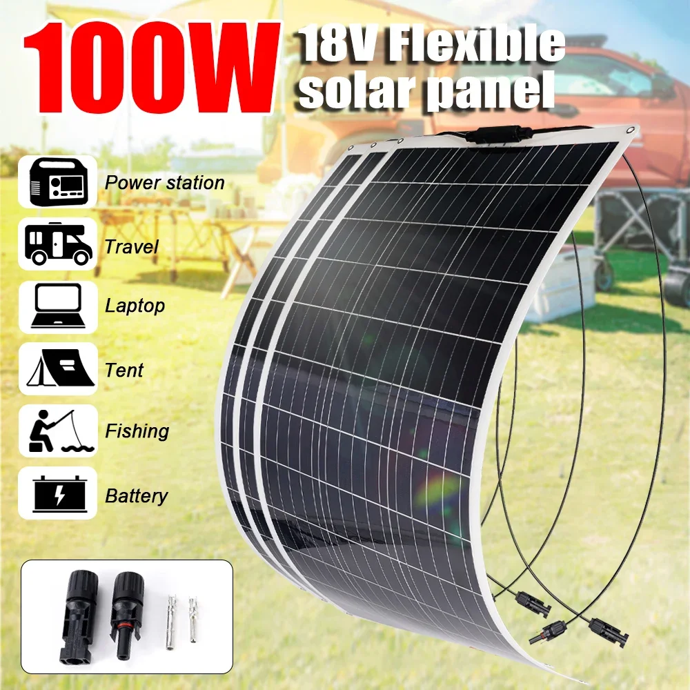 100W Flexible Solar Panel Waterproof Monocrystalline Solar Panel Cell for Outdoor Camping RV/Boat/Car Battery Charger Emergency