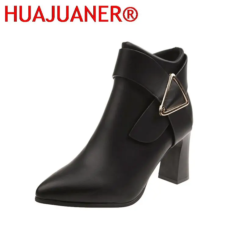 

Women's High Heels Short Boots Spring Autumn Belt Buckle Ankle Boots Female Bottes High Top Leather Shoes Waterproof Woman Pumps