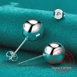 925 Sterling Silver 8mm/10mm Round Smooth Solid Bead Ball Stud Earrings For Women Girls Wedding Engagement Party Jewelry Gift