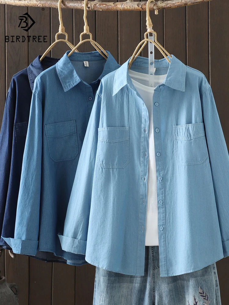 

Новая зимняя джинсовая рубашка с длинными рукавами 2025, женская отложная карманная рубашка с отложным воротником, простая универсальная свободная блузка Mori Girl T5N485CC