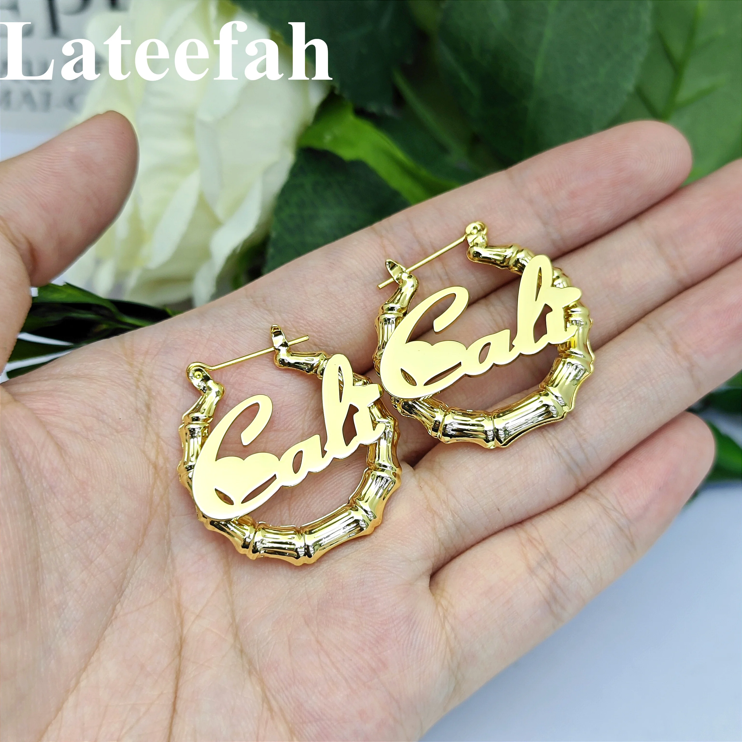 Lateefah Hot Sale Personalized Stainless Steel Bamboo Earring Necklace Set Custom Name Jewelry