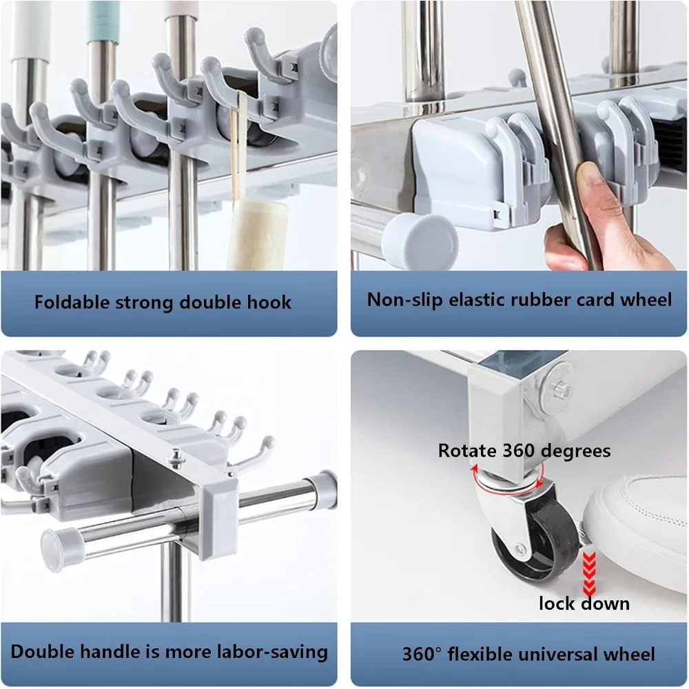 Напольный держатель для швабры и метлы, портативная стойка для хранения влажной швабры, стоячая тележка-органайзер для чистящих инструментов