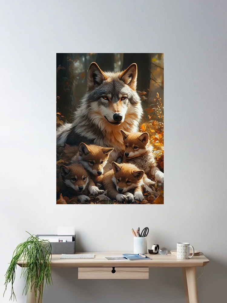 Wolf Family Portrait, Print Art Canvas Poster, For Living Room Decor, Home Wall Picture