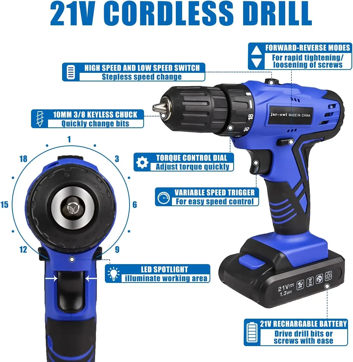 Imagem -02 - Conjunto de Ferramentas Keyless Chuck com Broca Torque 350 In-lb Velocidade Variável 01350rmp 10 mm Pol Embraiagem 18 Mais 1.5ah Li-ion