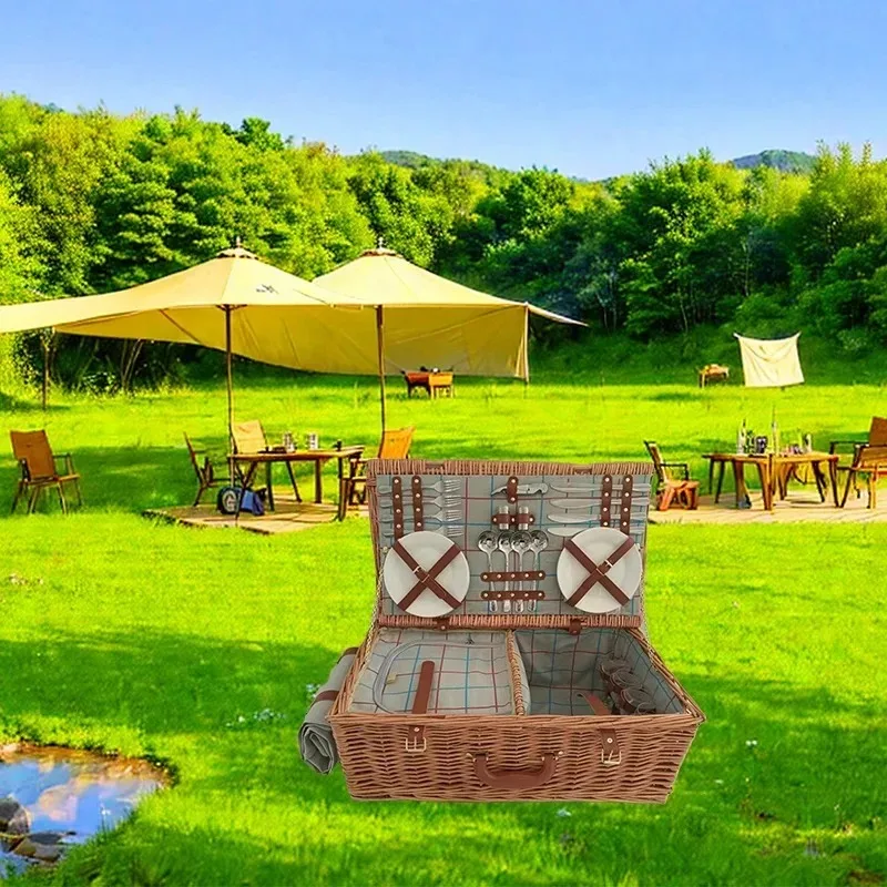 Willow Picnic Basket 4 Person Outdoor Wicker Hamper Set Plates Cutlery view 4
