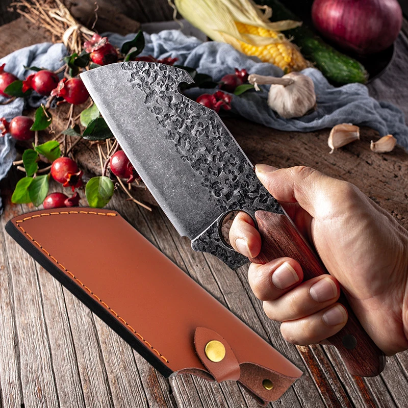 Forged Kitchen Cleaver Chef Knife Meat Vegetable Cooking Cutting Barbecue Slicing Fishing Knife Gift Sheath