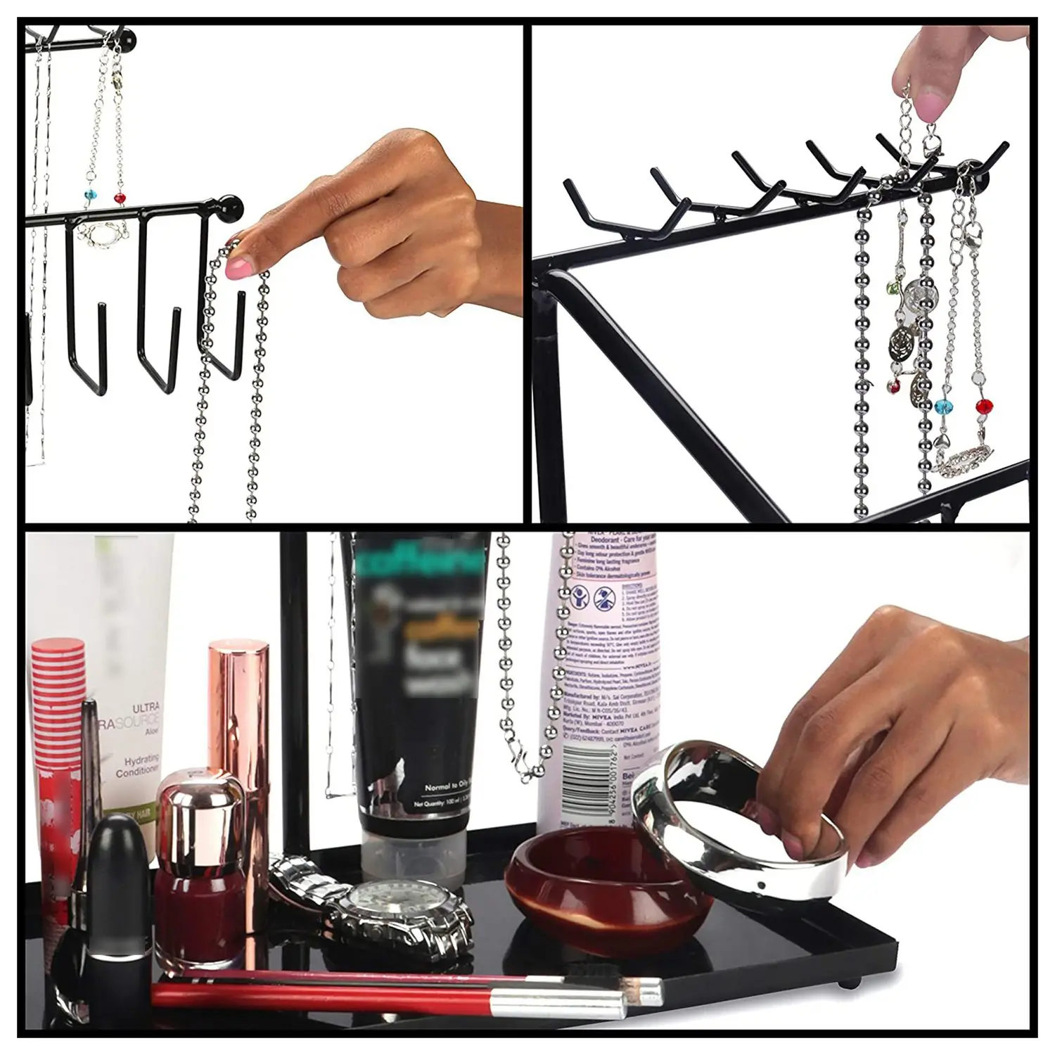 Metal Display Stand para Jóias, 30 Ganchos e Bandeja Inferior, Armazenamento para Colar, Pulseiras, Pulseira, Relógios