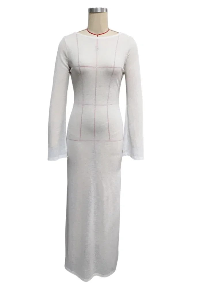 Robe en tricot transparente pour femmes, Cover-up pour Bikini, manches longues, col rond, dos nu, robes longues, Club, plage, Sexy, maillots de bain