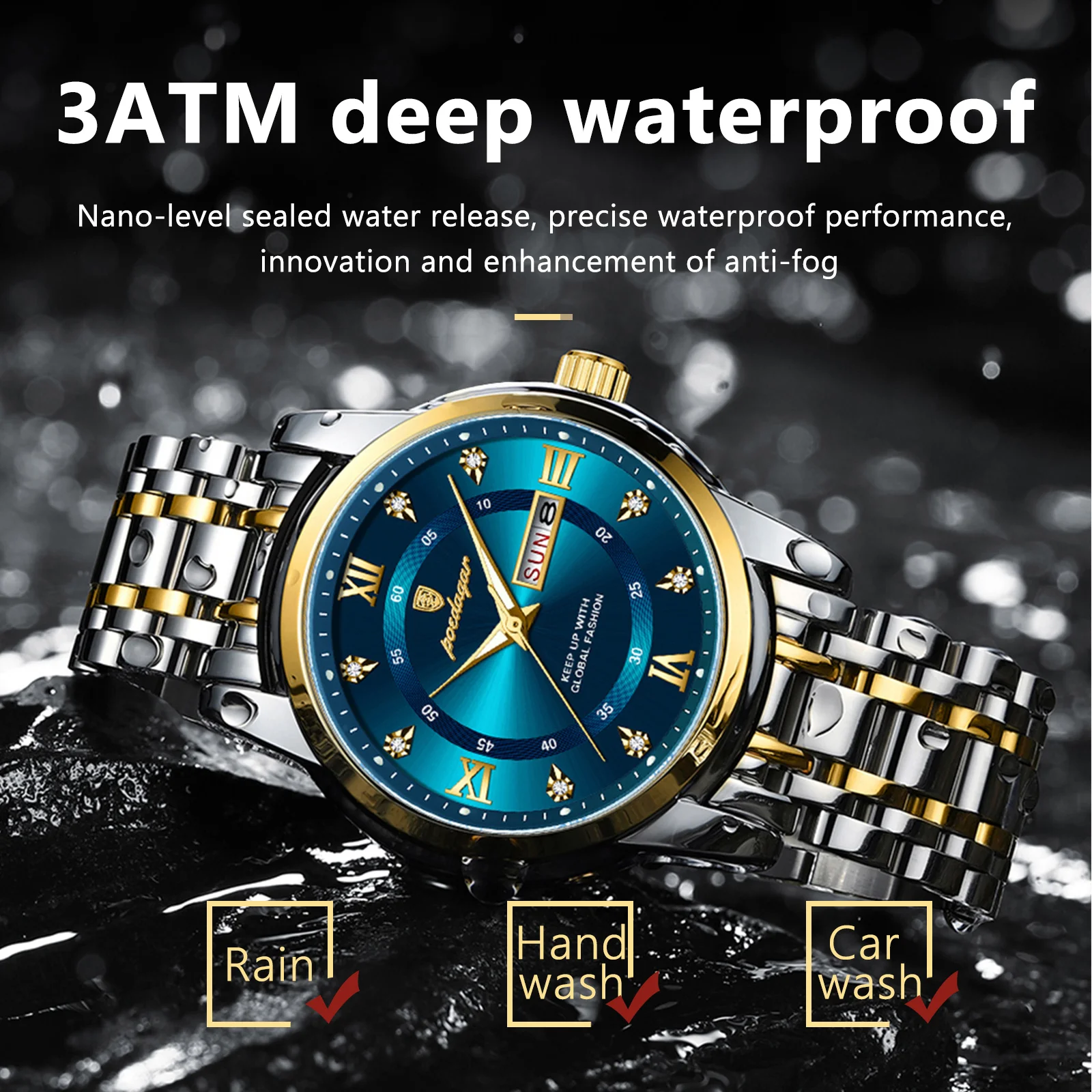 POEDAGAR Original Luxury Watch for Men Date Week Waterproof Luminous Man Watch Stainless Steel Quartz Business Men's Watches+Box