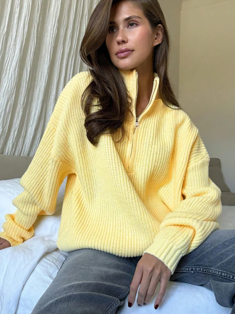 Casual plus size textured commuting loose and versatile stand up collar zipper half open collar pullover long sleeved sweater - view 2