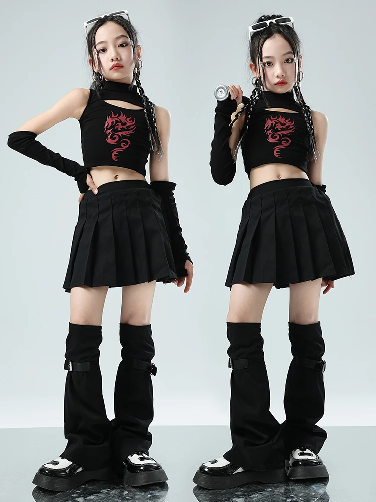 Girls Jazz Dance Clothes Summer Crop Tops Black Skirt Kpop Performance Outfit Kids Hip Hop Costume Group Stage Clothing BL12551