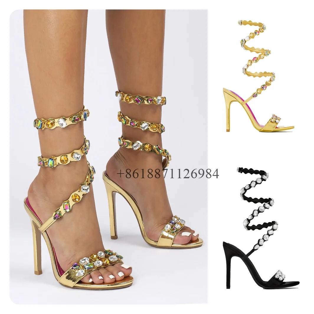 

Cross Strap Rhinestone Round Toe Summer Women Sandals Stiletto Super High Heels Snake Shaped Winding Design Large Size Shoes