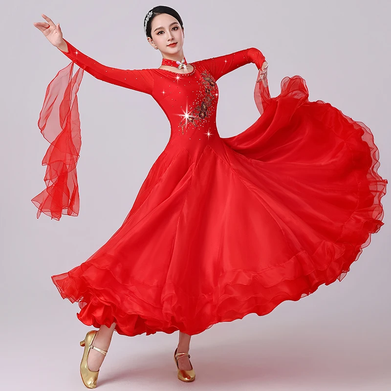 

2025 Ballroom Dance Dress Competition Suit Long Sleeve Pink Standard Professional Practice Suit Rhinestone Modern Customized