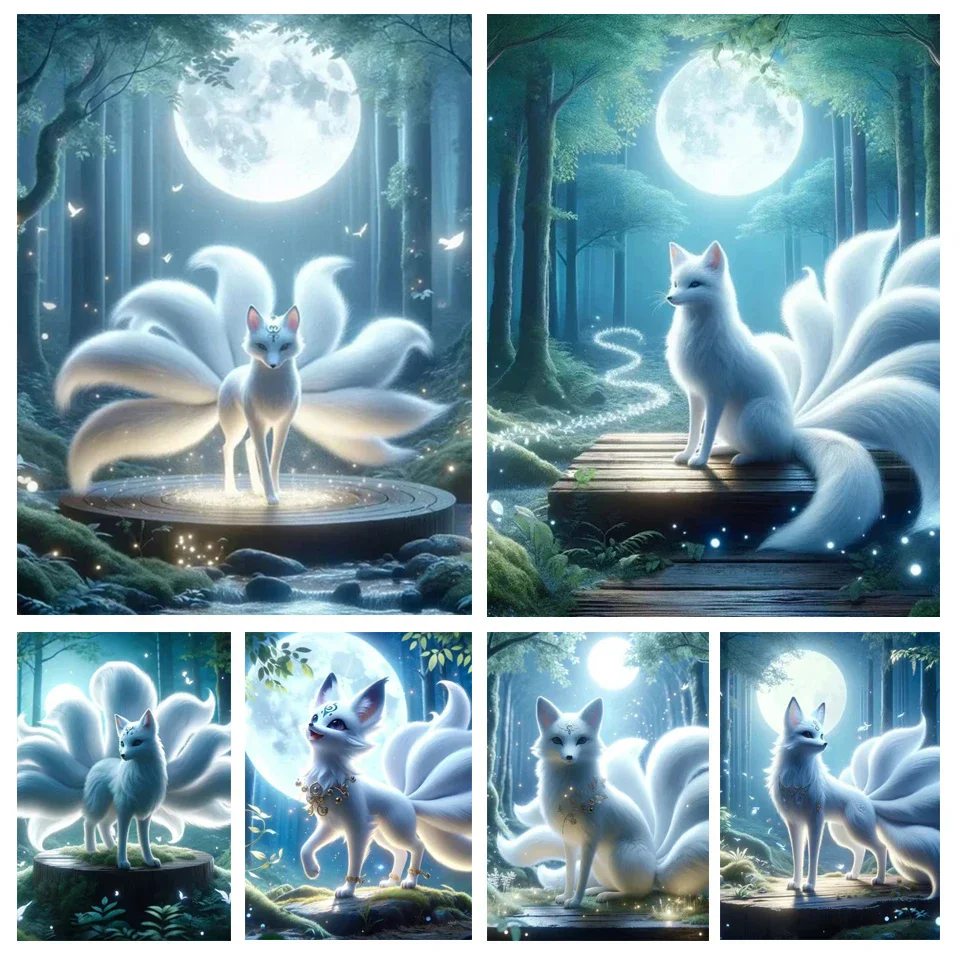 Animal Full Diamond Painting Kit Night Moon White Nine Tailed Fox Diamond Embroidery Handmade 5D DIY Mosaic Home Decoration