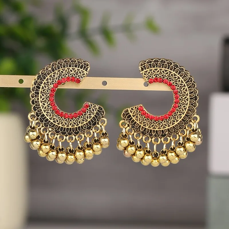 Ethnic Colorful Zircon Indian Jhumka Earrings For Women Pendientes Fashion Jewelry Retro Alloy Tassel Semicircle Ladies Earrings