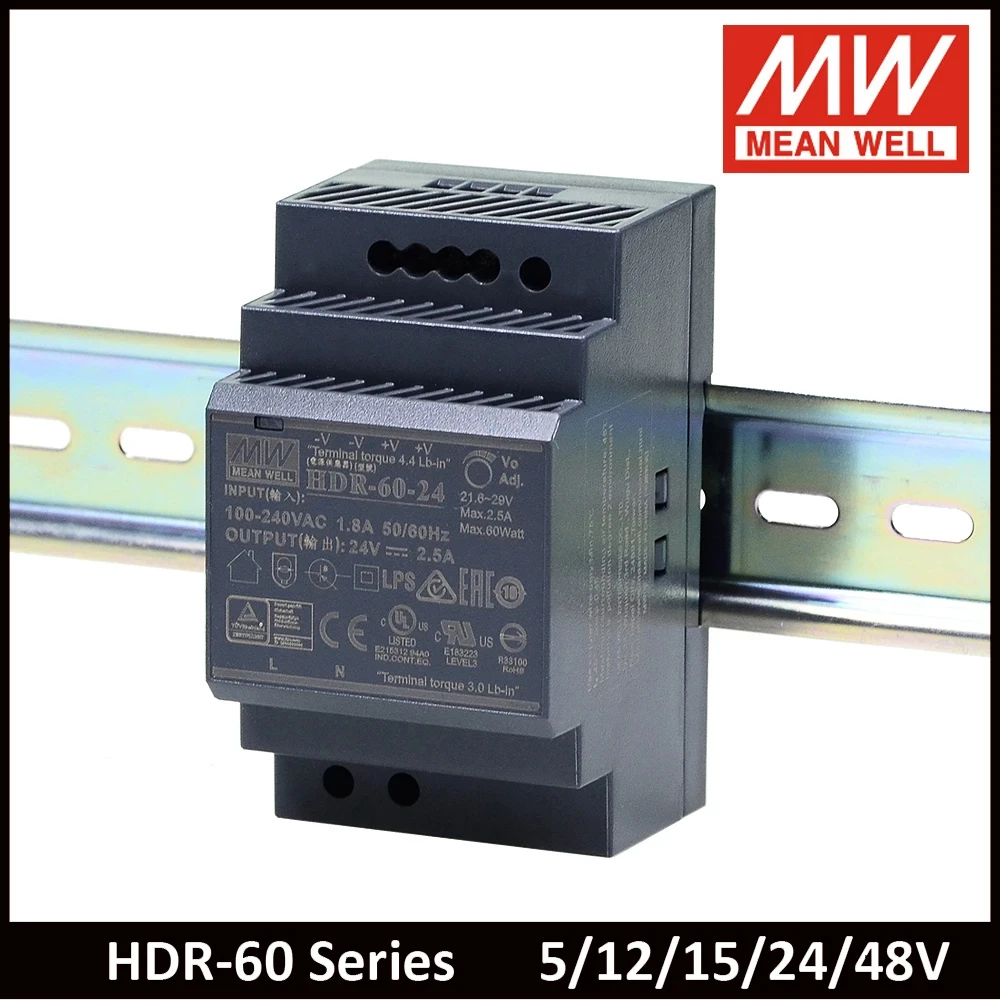 MEAN WELL HDR-60 Series 85-264VAC To DC 5 12 15 24 48V Meanwell Single Output DIN Rail Power Supply HDR-60-5 HDR-60-24 HDR-60-12