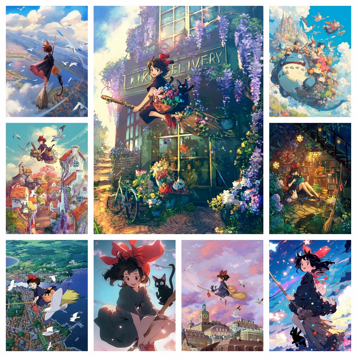 لطيف تحلق أنيمي فتاة والقط 5d كامل الماس الفن اللوحة الخيال الكرتون المشهد DIY الفن فسيفساء ديكور المنزل #1