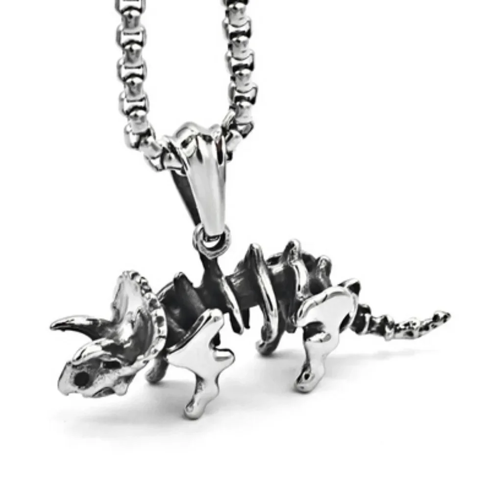 Retro Fashion Triceratops Skull Pendant Necklace Creative Personalized Trend Dinosaur Necklace Men Punk Hip Hop NicheAccessories