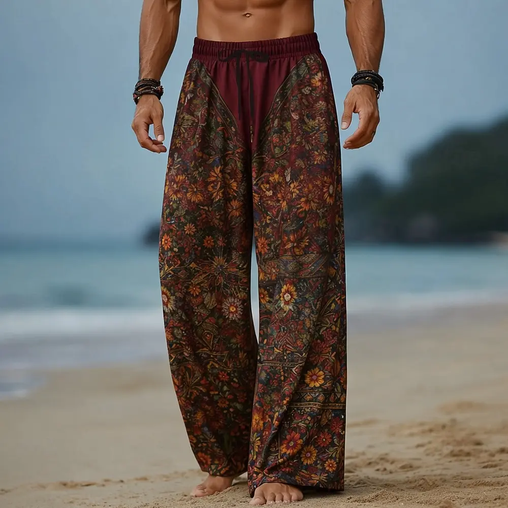 

Мужские брюки свободного кроя в богемном стиле, легкие брюки с широкими штанинами и эластичной талией для летней пляжной одежды