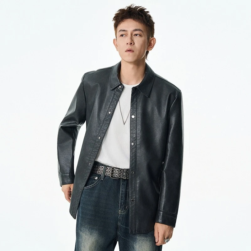 

Мужские однобортные однобортные однобортные пальто с отложным воротником и длинными рукавами, повседневные модные простые свободные пальто из искусственной кожи, мужские куртки, топы