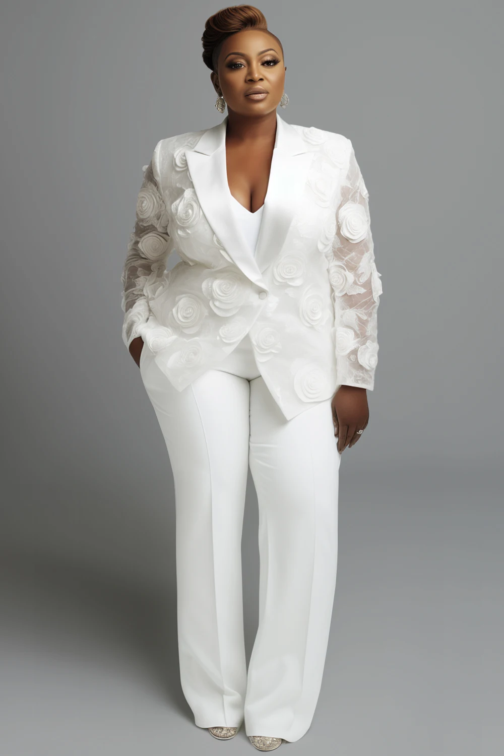 

Plus Size Wedding White Elegant Lapel Collar Long Sleeve See Through 3D Two Piece Pant Suits