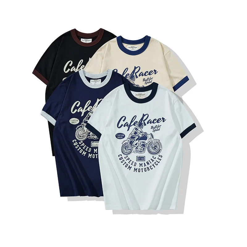 American Retro Motorcycle Print Color Blocked Amikaji T-shirt 200g Round Neck Color Blocked Collar