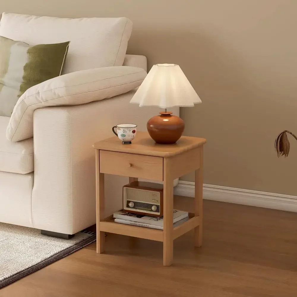 Natural Wooden Nightstand with Drawers and Open Storage, 18.5 High for Bedroom
