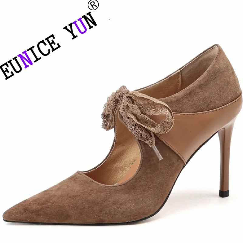 

【EUNICE YUN】Women Brand Genuine Leather Pumps Butterfly Knot Lace Up Pointed Toe Sexy Super High Thin Heels Dress Party Shoes