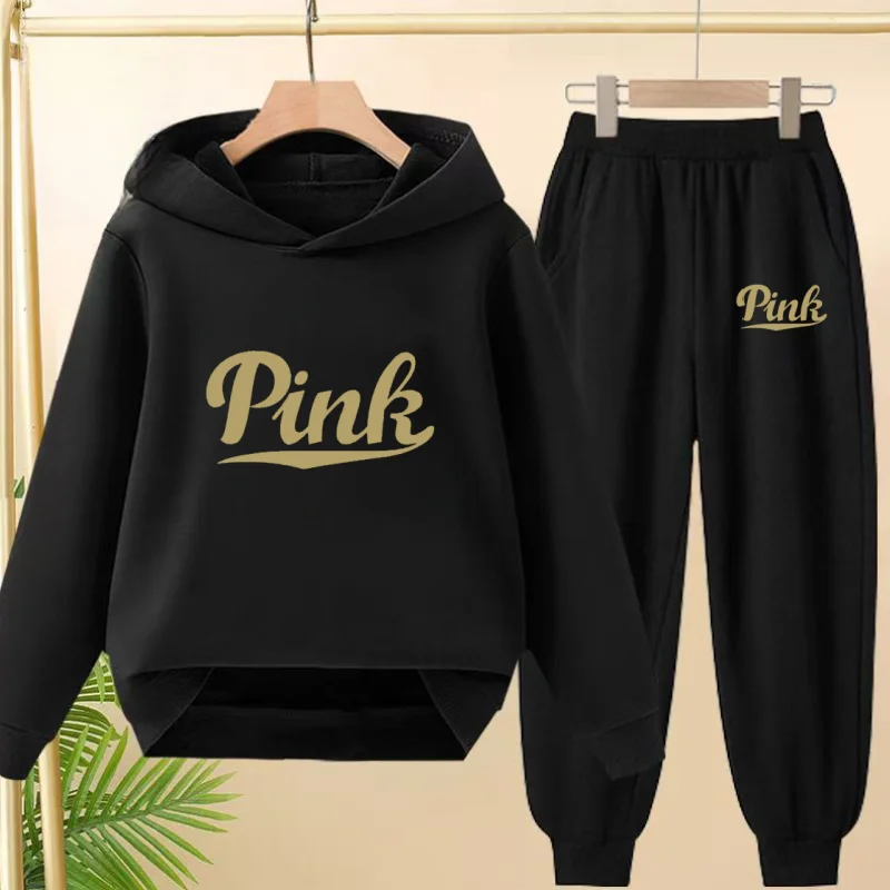 

Children Pullover Pink LoGo Letters Hoodie Top 3-12Yrs Toddler Charming Casual Sweatshirt+Pants 2P Sports Boys Girls Clothes Set