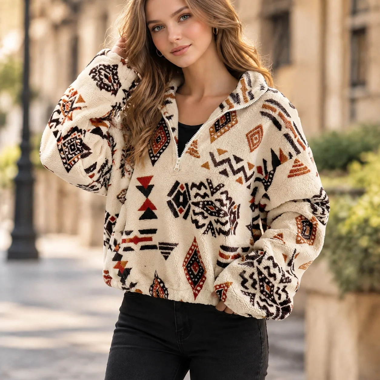 Casual Thick Coat Regular Length with Geometric Pattern Relaxed Fit Socialite Style Polo Collar Winter Hooded Style Women Jacket